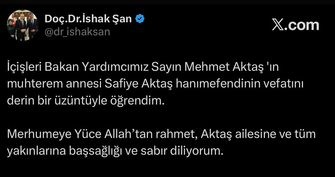 İçişleri Bakan Yardımcısı Mehmet Aktaş'ın Annesi Safiye Aktaş'ın Vefatı