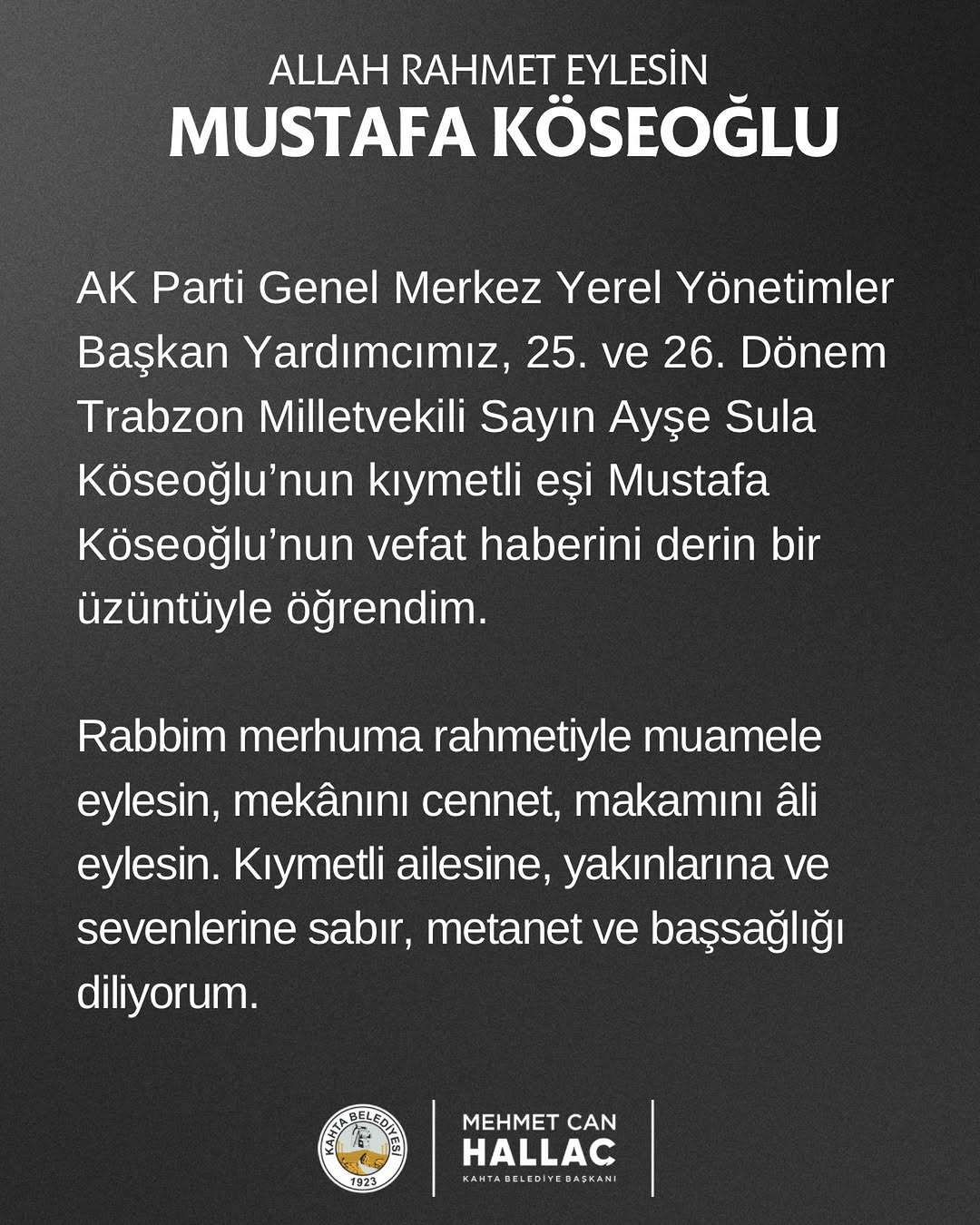 AK Parti Genel Merkez Yerel Yönetimler Başkan Yardımcısı Ayşe Sula Köseoğlu'dan Başsağlığı Mesajı