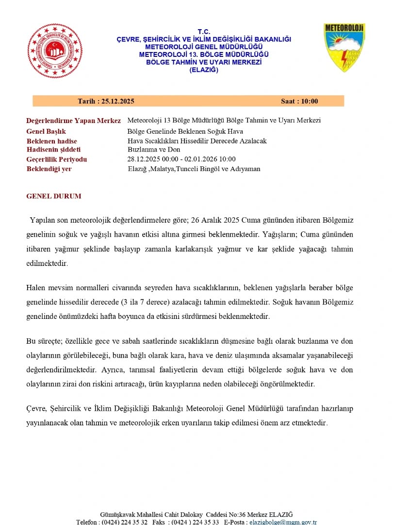 Meteoroloji Genel Müdürlüğü'nden 26 Aralık 2025 Cuma Günü Hava Durumu Tahmini