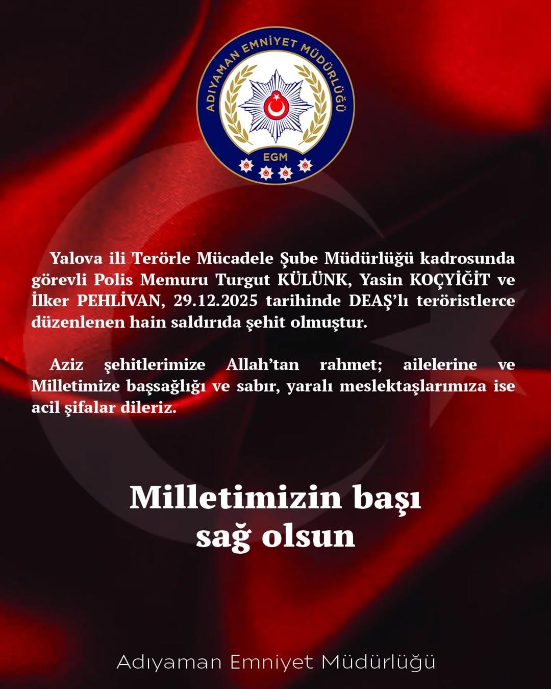 Adıyaman İl Emniyet Müdürlüğü'nden Başsağlığı Mesajı