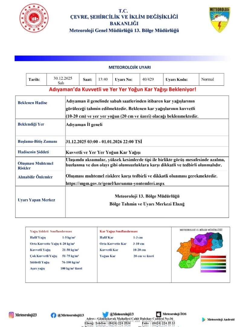 Adıyaman İl Genelinde Beklenen Kar Yağışları Hakkında Uyarı