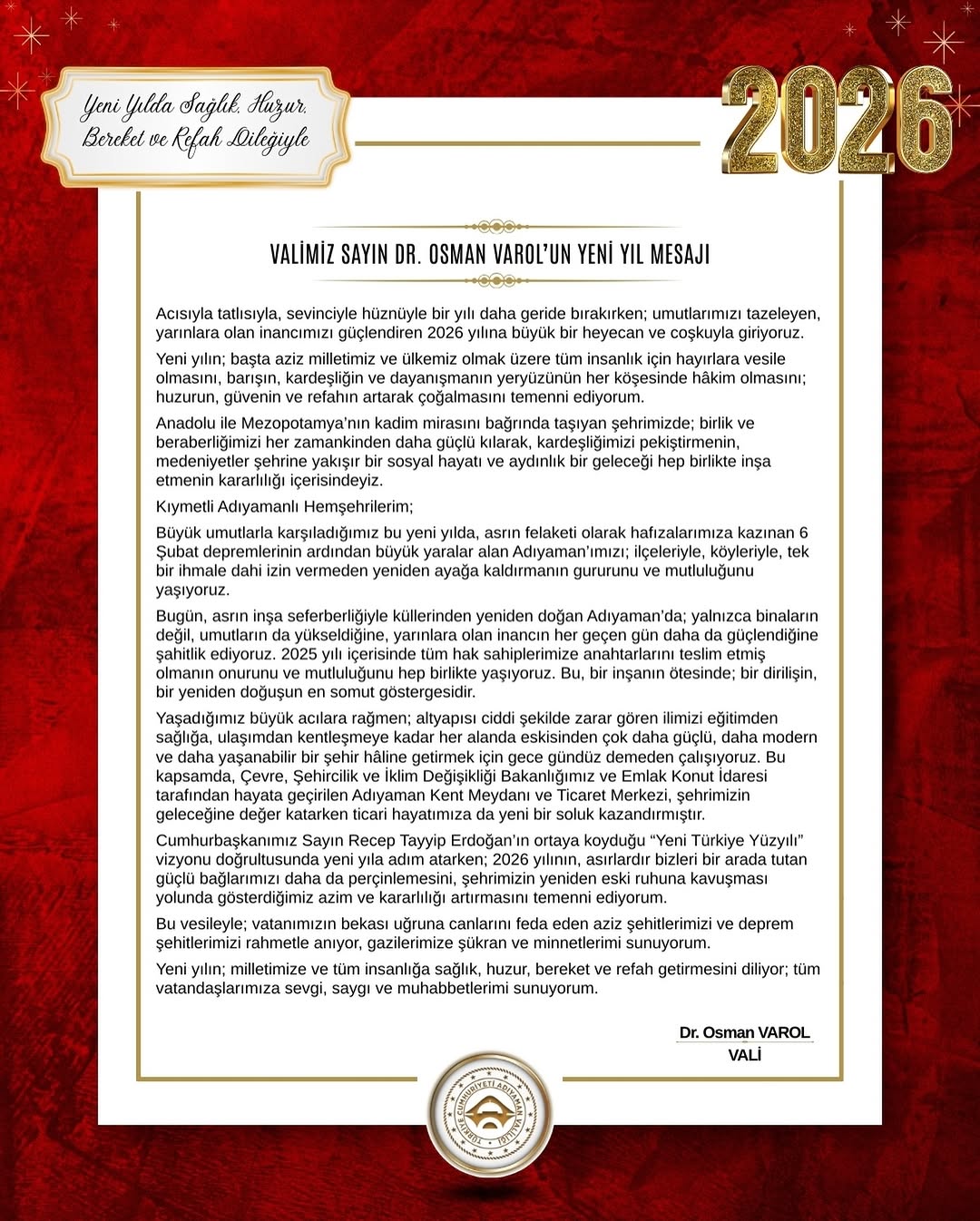 Adıyaman Valiliği'nden Yeni Yıl Mesajı