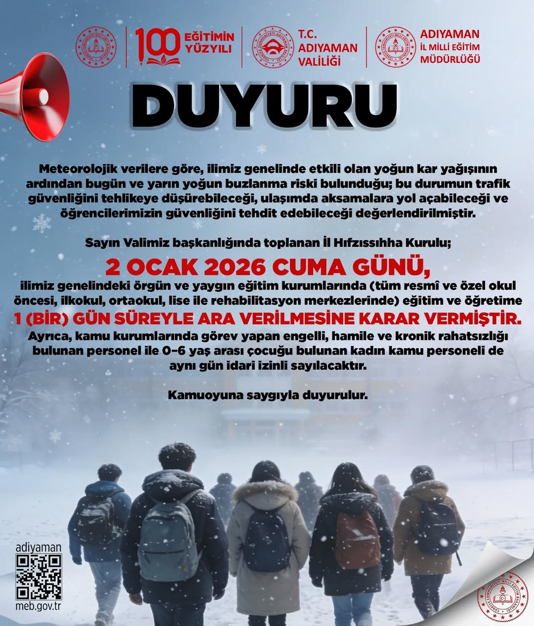 Kar Yağışı Nedeniyle Eğitime Ara Verildi