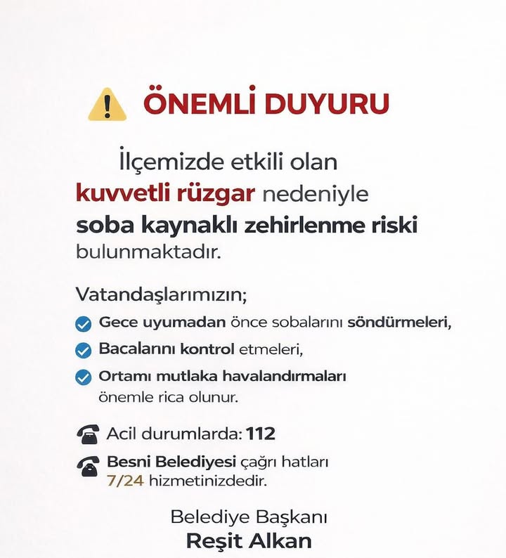 Besni Belediyesi'nden Kış Güvenliği Uyarısı: Sobaları Kontrol Edin!