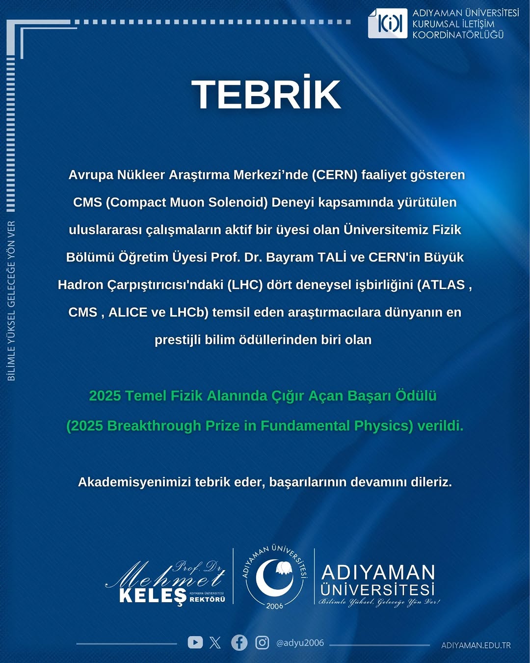 Adıyaman Üniversitesi'nden Prof. Dr. Bayram TALİ'ye 2025 Breakthrough Prize Ödülü