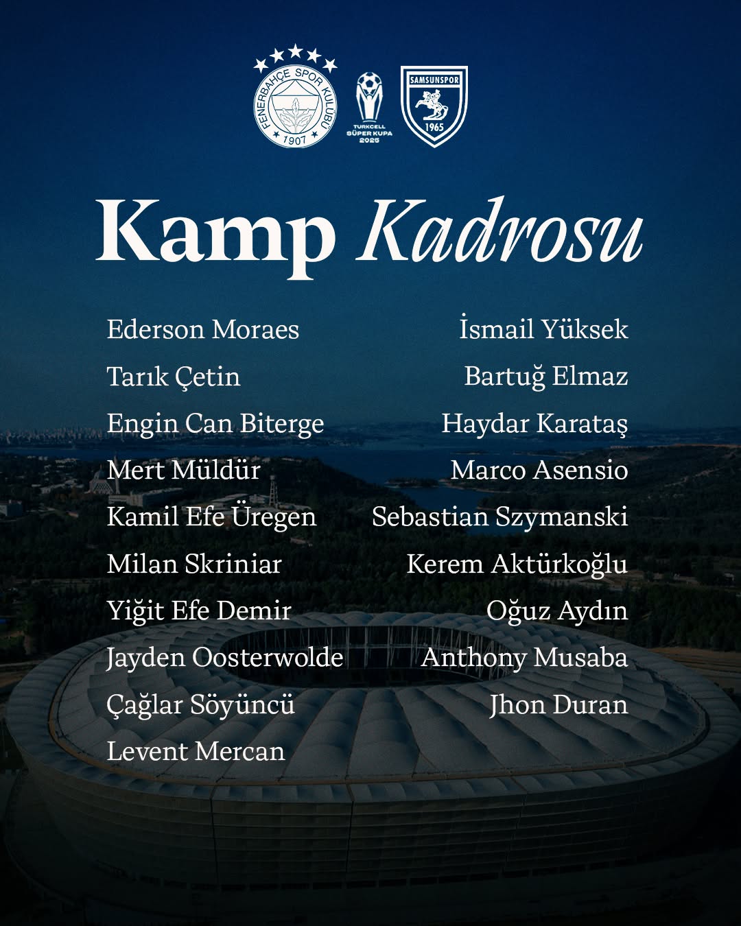 Fenerbahçe Spor Kulübü Samsunspor Maçı Kamp Kadrosunu Açıkladı