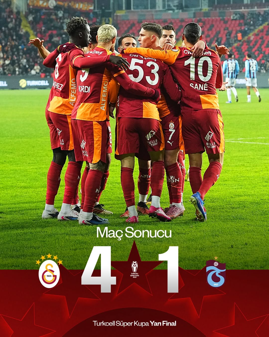 Galatasaray Turkcell Süper Kupa Finalinde Trabzonspor'u 4-1 Mağlup Etti!