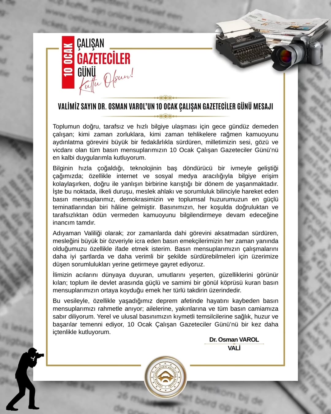 Adıyaman Valiliği'nden 10 Ocak Çalışan Gazeteciler Günü Mesajı