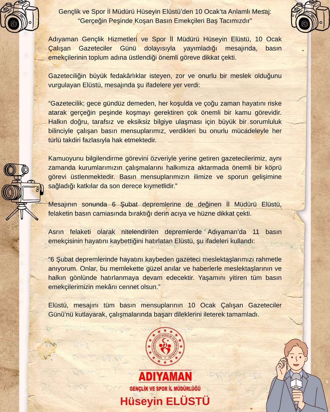 Gençlik ve Spor İl Müdürü Hüseyin Elüstü’den 10 Ocak Çalışan Gazeteciler Günü Mesajı