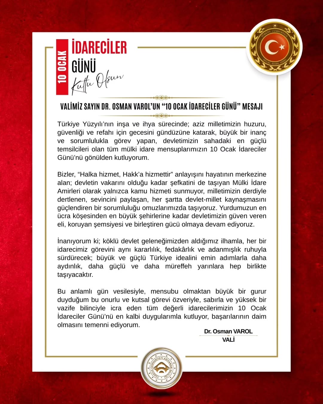Valimiz Sayın Dr. Osman Varol'un 10 Ocak İdareciler Günü Mesajı
