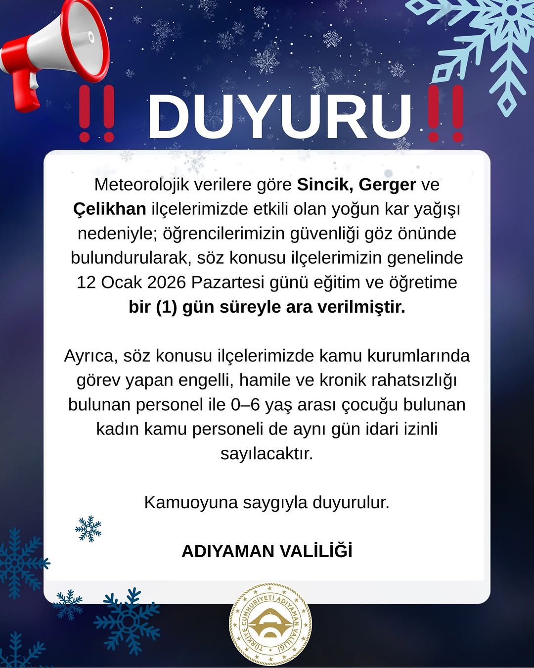 Adıyaman Valiliği'nden Eğitime Kar Tatili Duyurusu