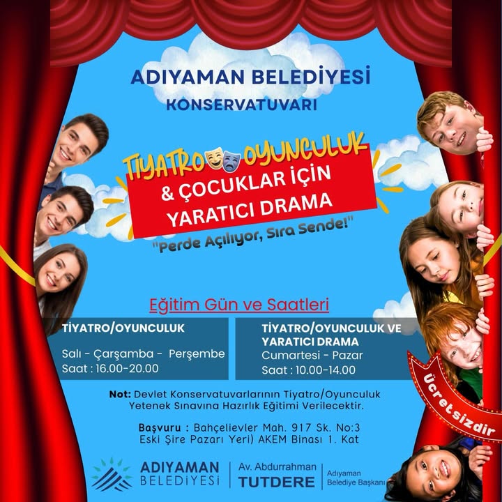 Adıyaman Belediyesi Konservatuvarı'ndan Çocuklar İçin Tiyatro ve Yaratıcı Drama Eğitimleri
