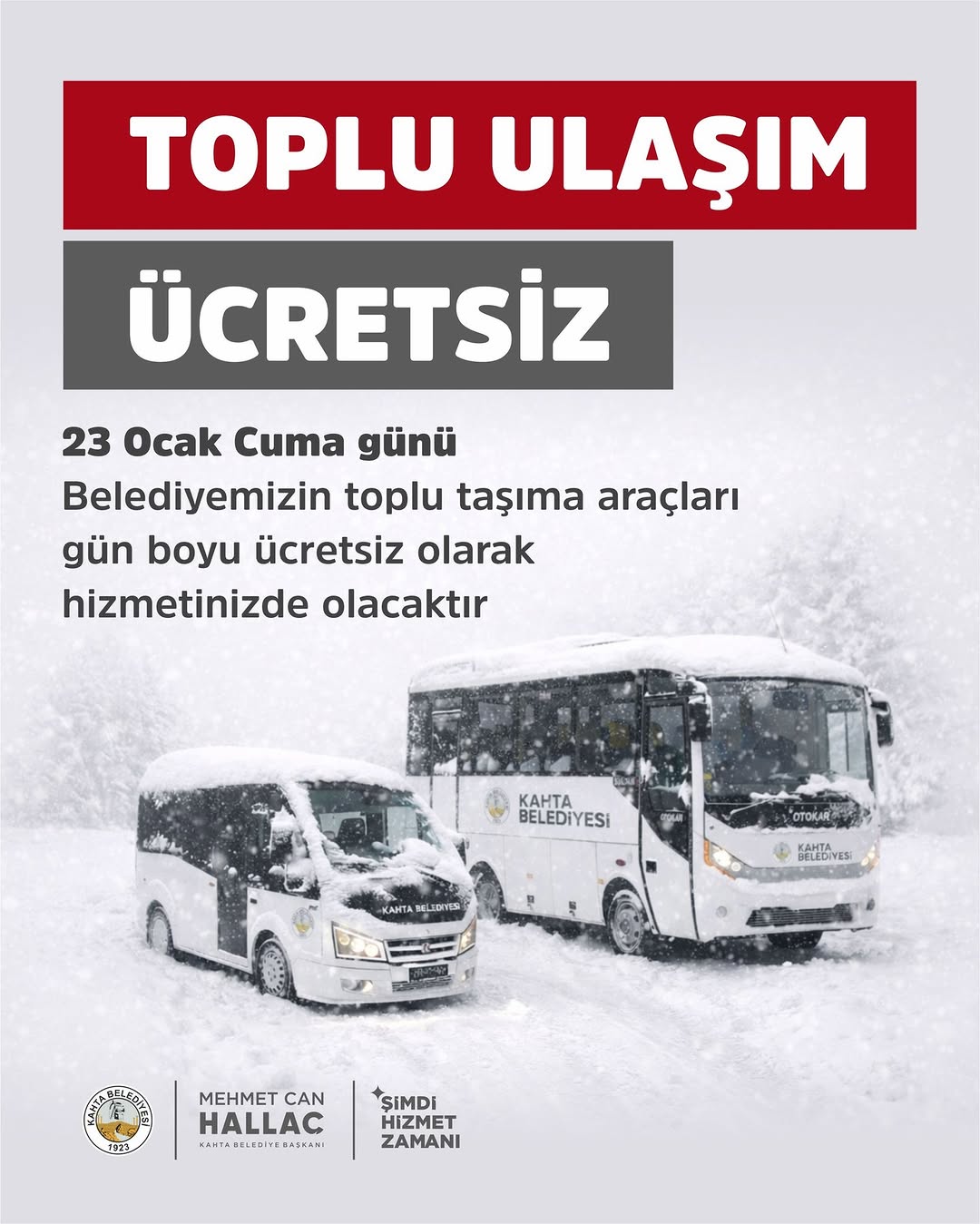 Kar Yağışında Ücretsiz Toplu Taşıma Desteği Kahta Belediyesi'nden