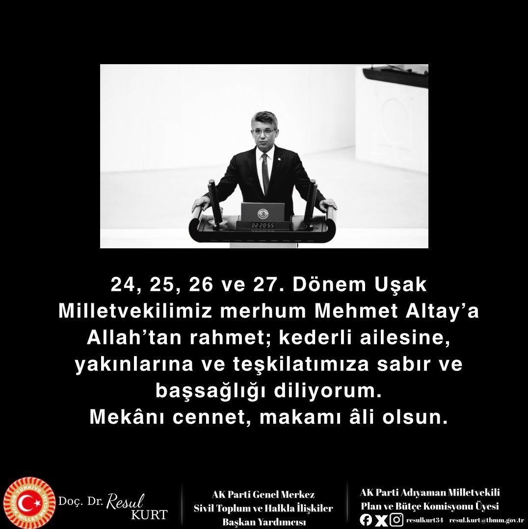 TBMM Üyesi Mehmet Altay için Başsağlığı Mesajı