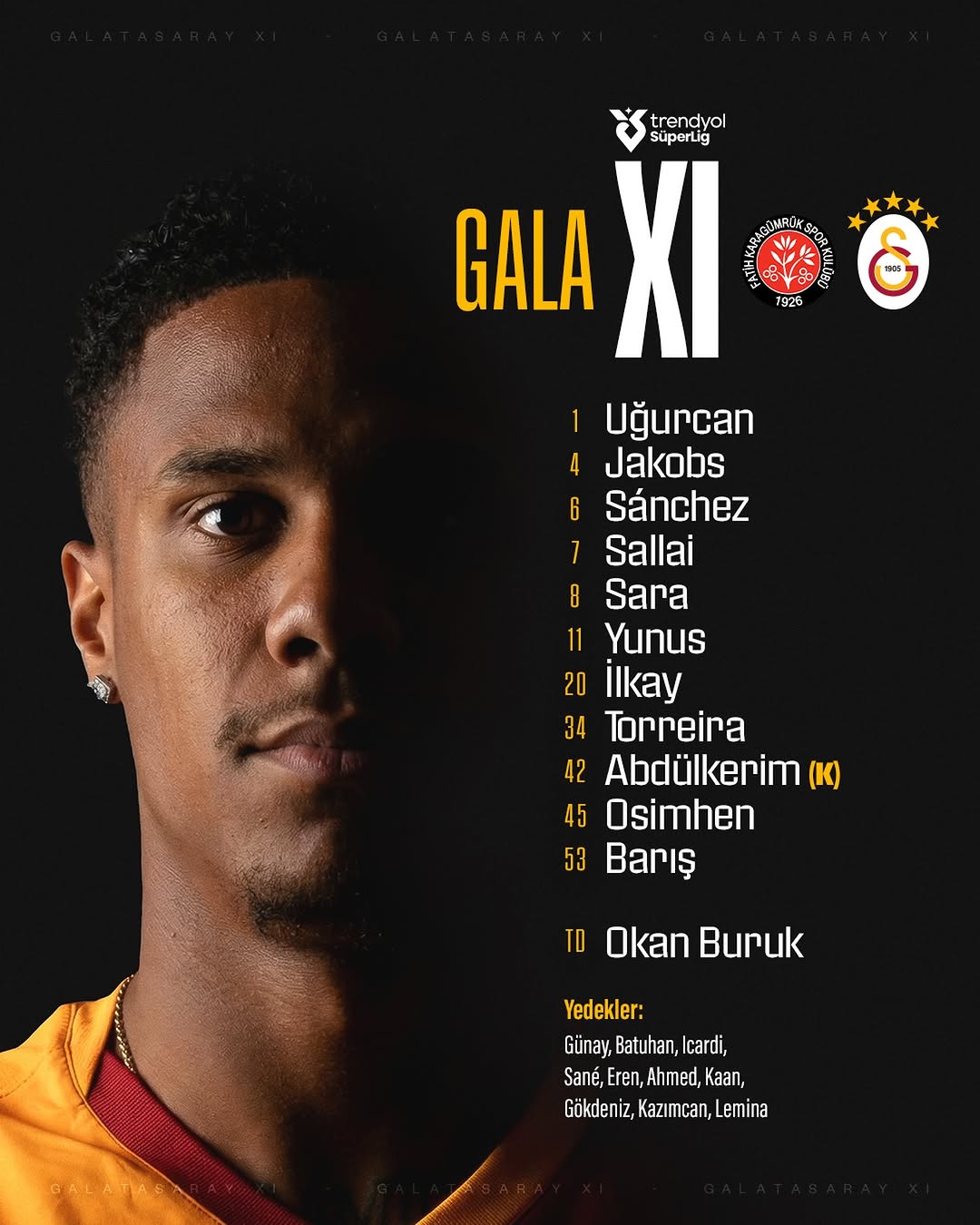 Galatasaray'ın M. F. Karagümrük Maçı İlk 11'i ve Yedekleri Açıklandı