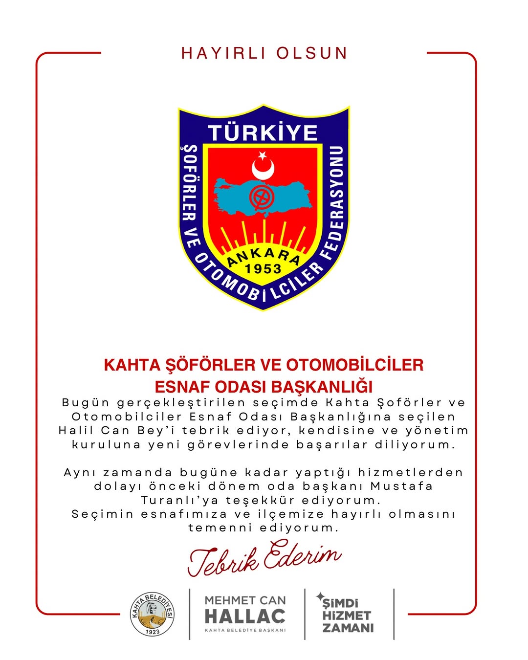 Kahta Şoförler ve Otomobilciler Esnaf Odası Başkanlığına Halil Can Seçildi