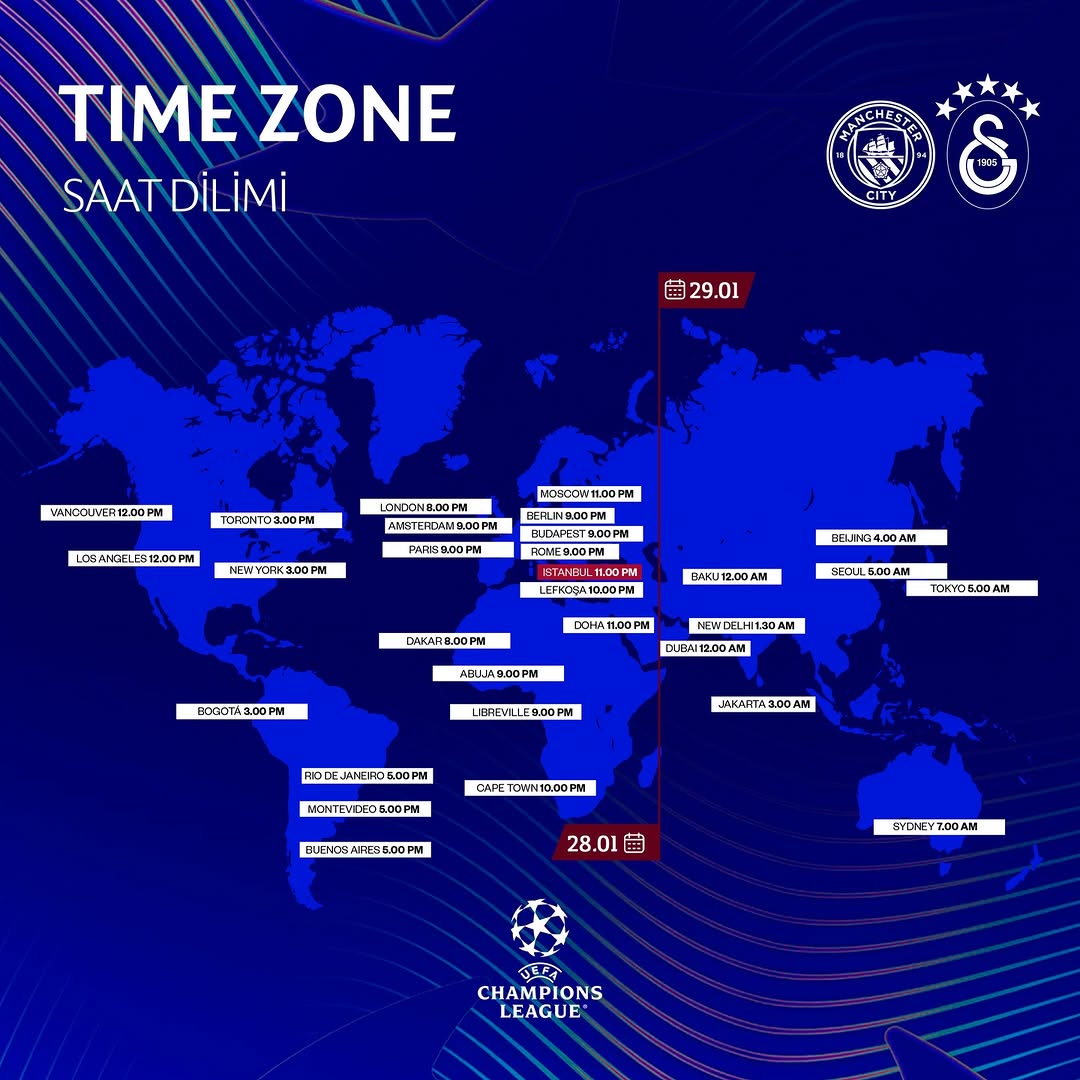 Galatasaray'ın Manchester City Maçı İçin Dünya Çapında Taraftarlarına Saat Bilgisi
