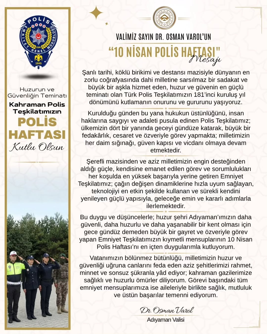 Adıyaman Valiliği'nden 10 Nisan Polis Haftası Mesajı