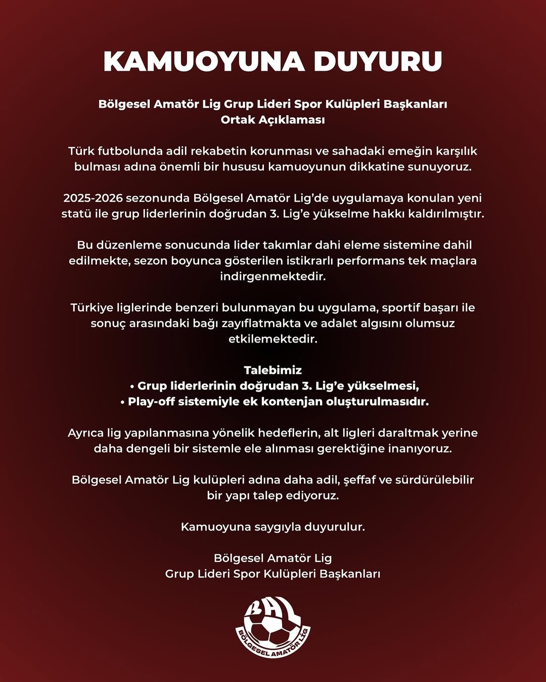 Bölgesel Amatör Lig 27. Hafta Lideri Spor Kulüpleri Başkanları Ortak Açıklaması