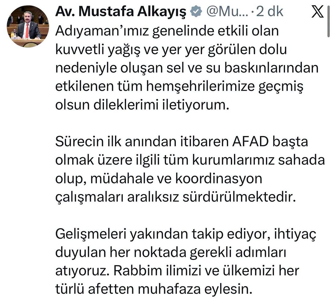Adıyaman’da Kuvvetli Yağış ve Sel Felaketi: Mustafa Alkayış'tan Geçmiş Olsun Mesajı
