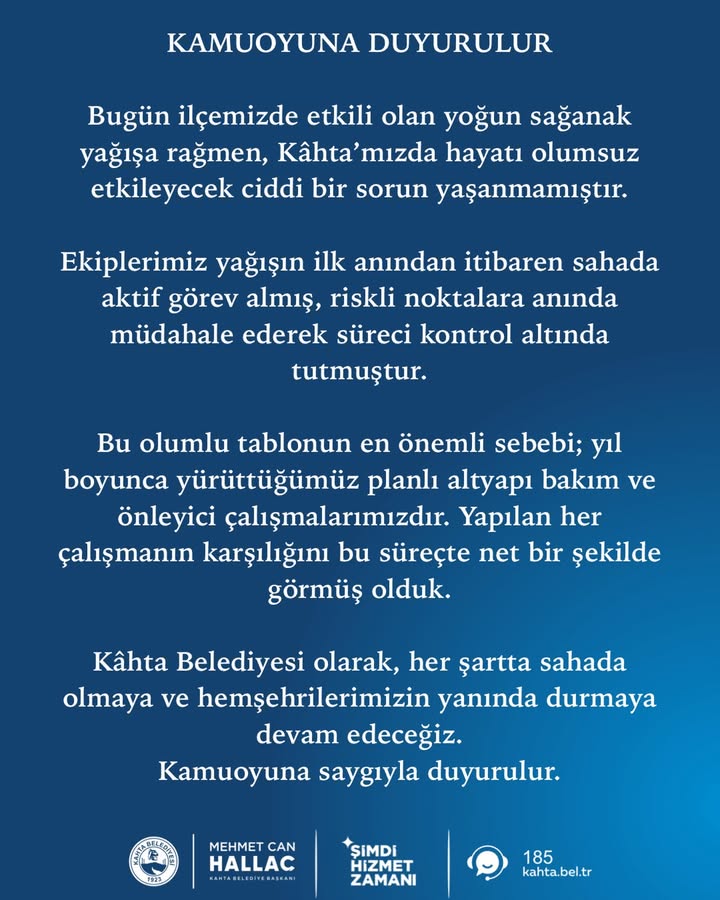 Kâhta Belediyesi'nden Yağış Açıklaması