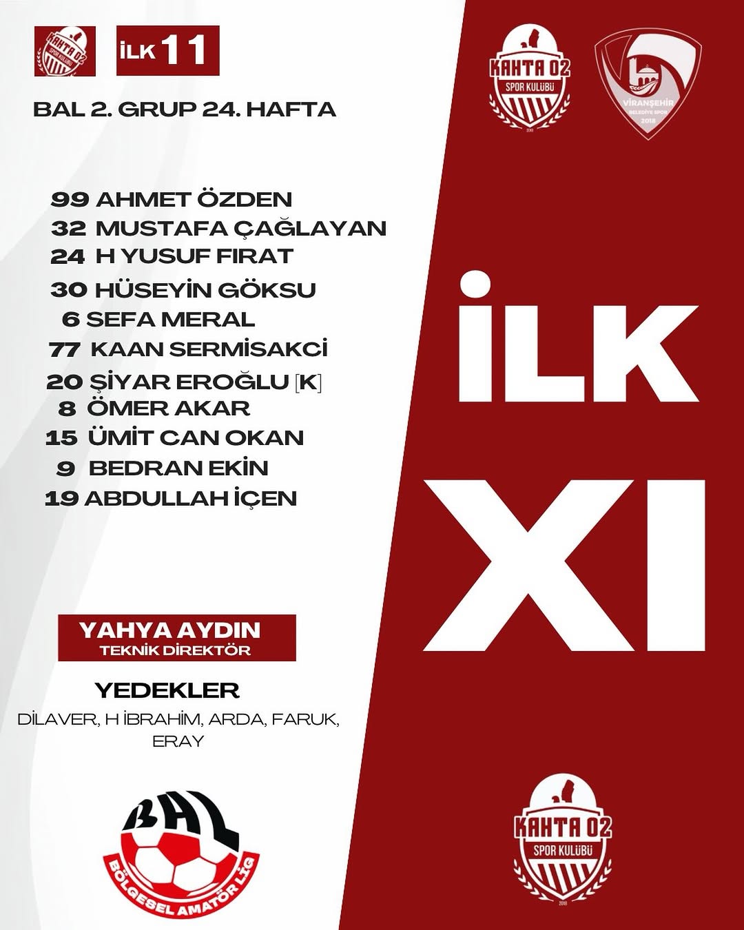 Kahta02 Spor Kulübü'nün Viranşehir BLD Maçı İlk 11'i ve Yedekleri Açıklandı