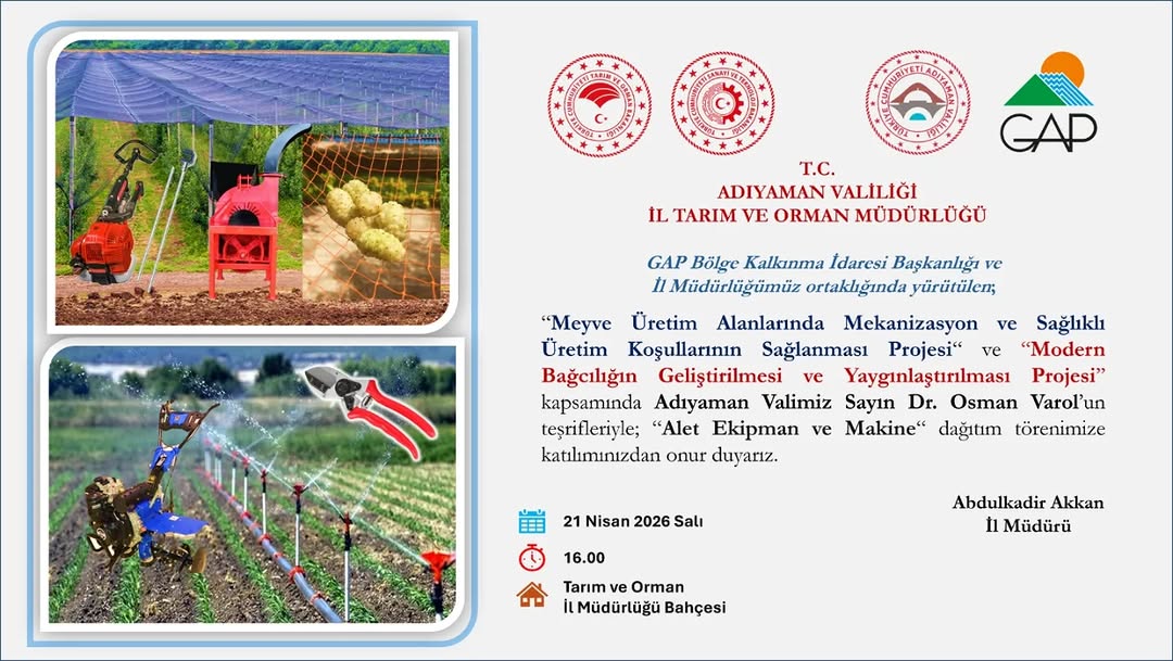 Adıyaman Valisi Dr. Osman Varol, Tarım ve Orman İl Müdürlüğü'nde Alet ve Ekipman Dağıtım Törenine Katılacak