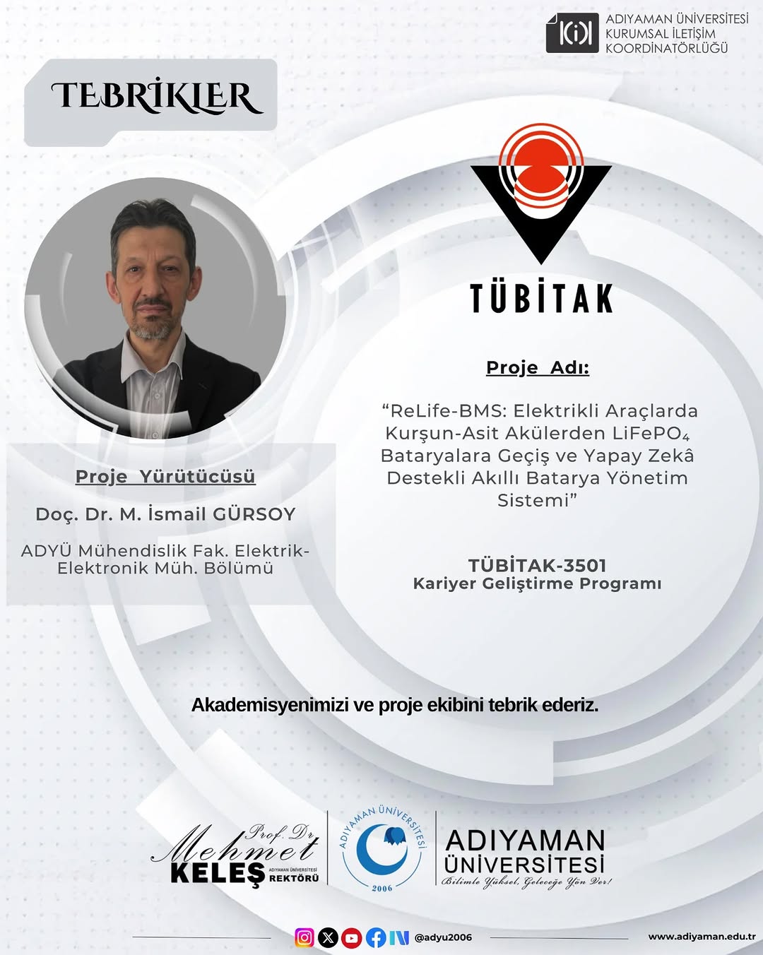 Üniversitemiz Mühendislik Fakültesi öğretim üyesi Doç. Dr. M. İsmail Gürsoy’un yürütücülüğünü...