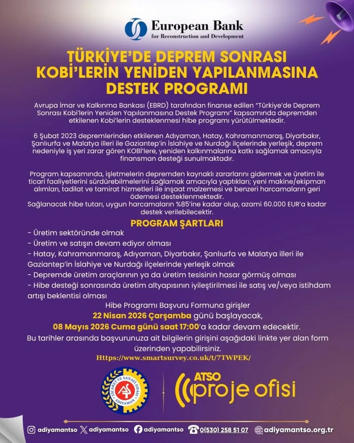 TÜRKİYE’DE DEPREM SONRASI KOBİ’LERİN YENİDEN YAPILMASINA DESTEK PROGRAMI