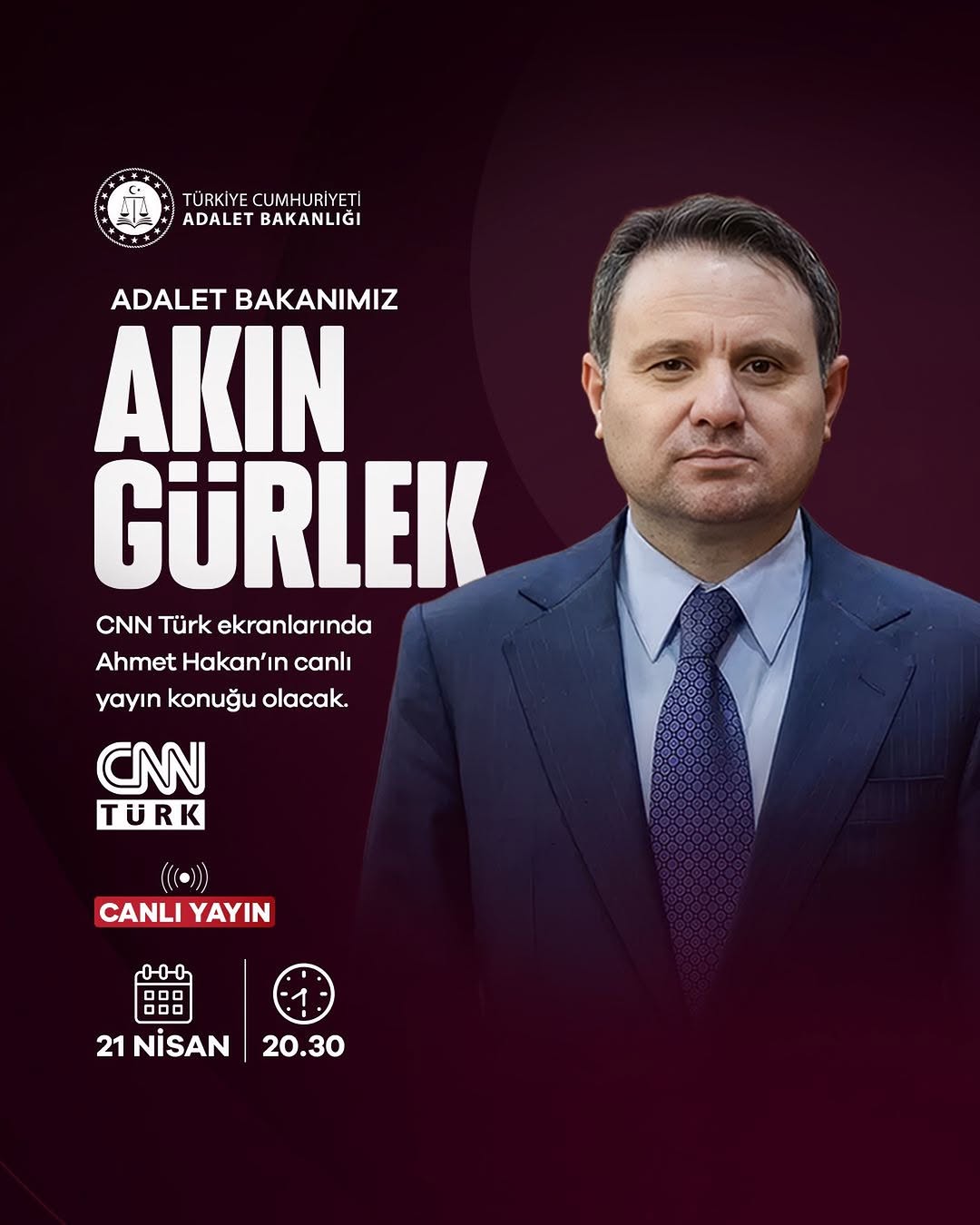 Adalet Bakanı Akın Gürlek, Ahmet Hakan'ın Canlı Yayın Konuğu Olacak