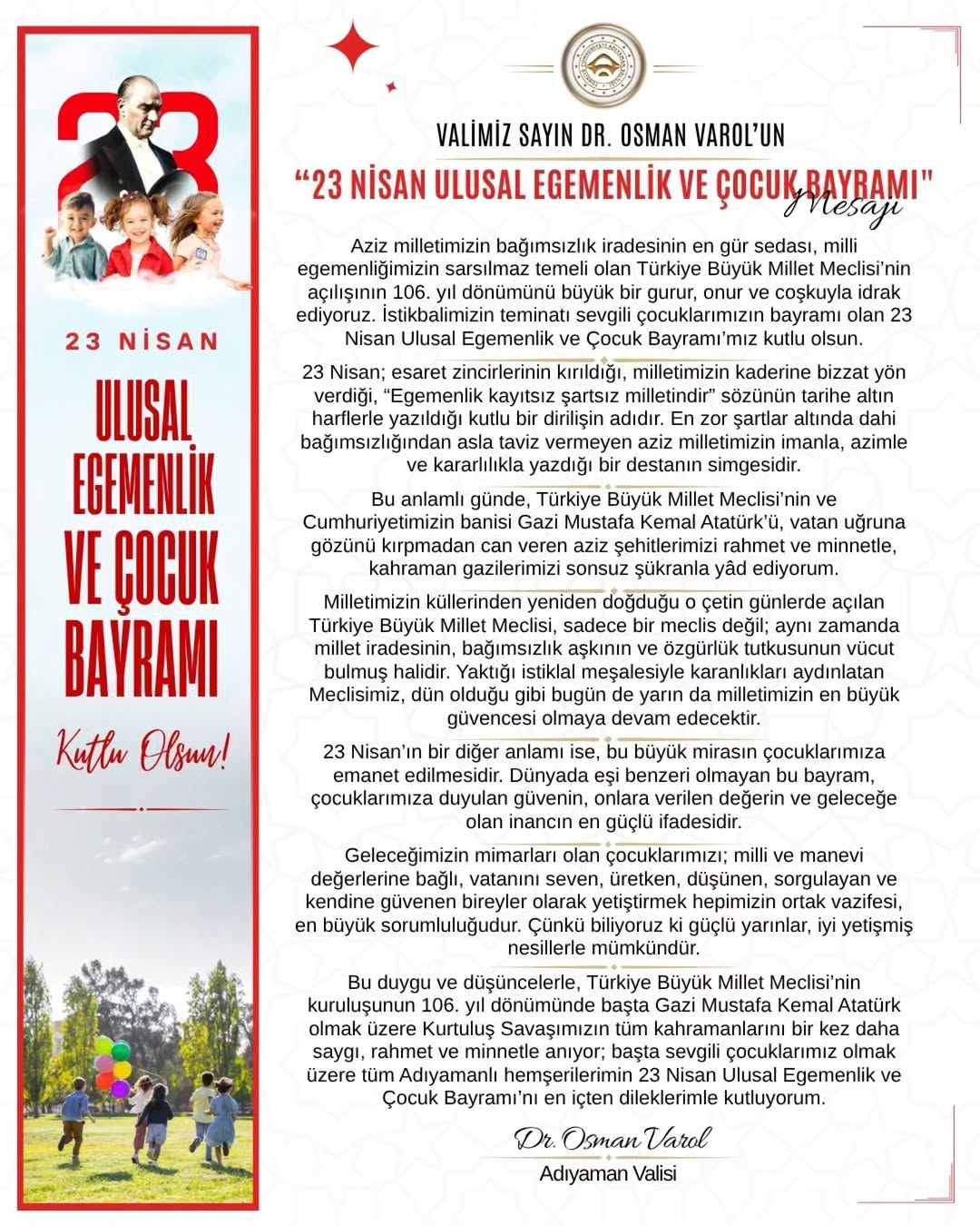 Adıyaman Valiliği'nden 23 Nisan Mesajı: Valimiz Dr. Osman Varol'un Kutlama Mesajı