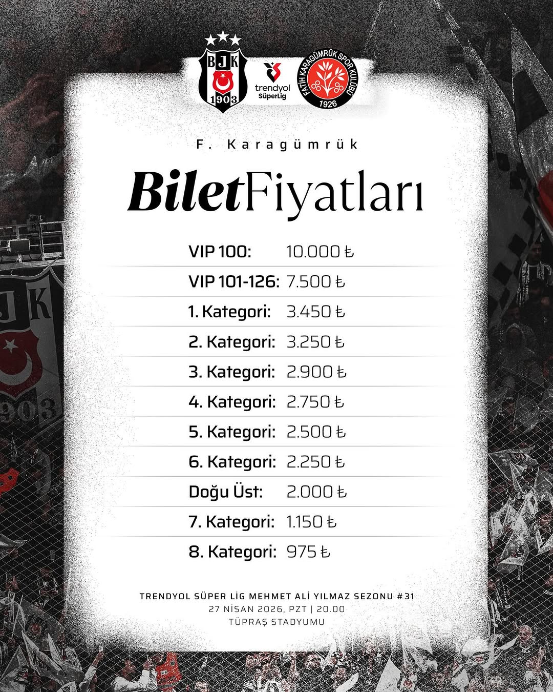 Beşiktaş Fatih Karagümrük Maçı Biletleri Satışa Çıkıyor!