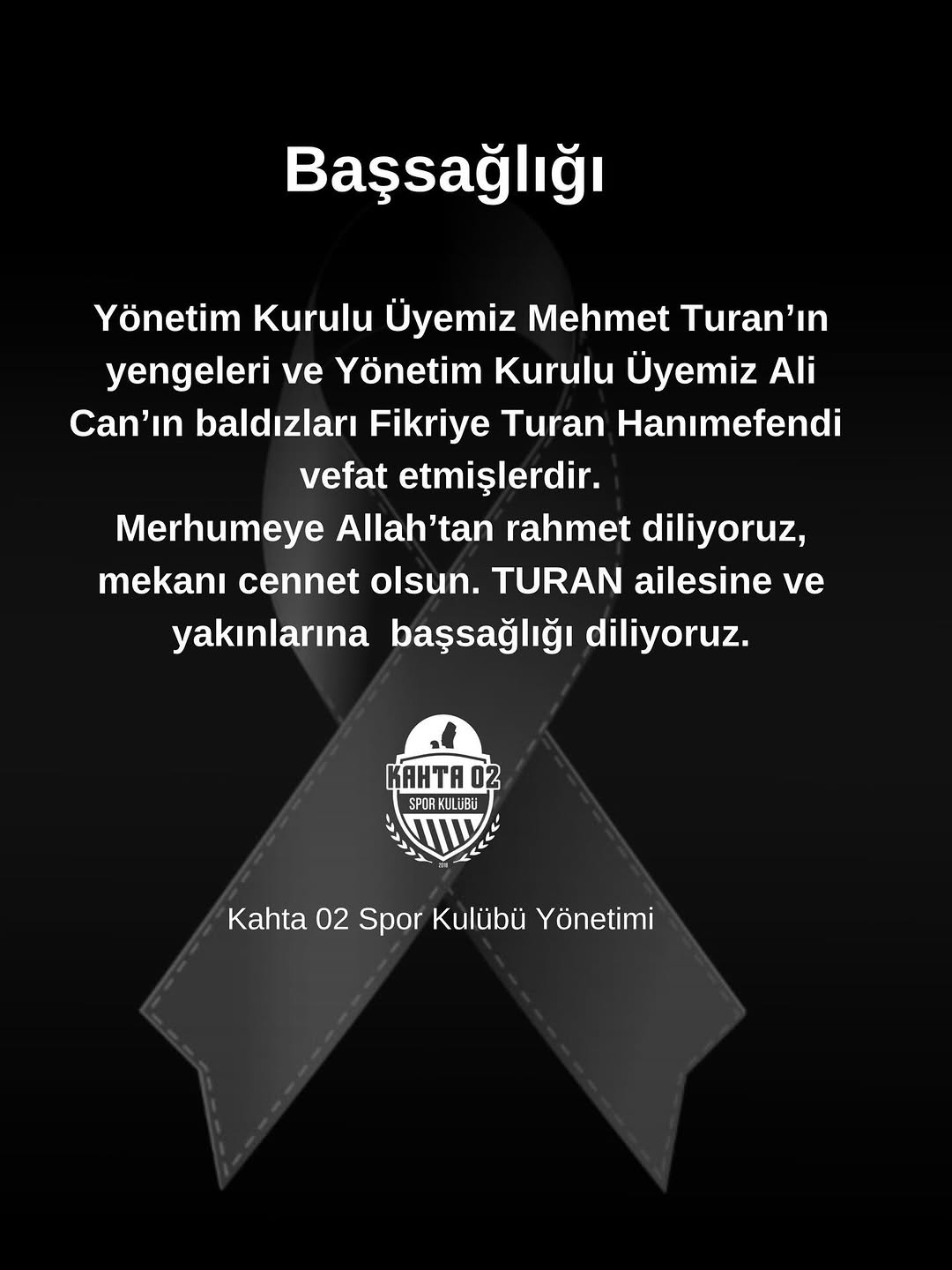 Kahta02 Spor Kulübü'nden Başsağlığı Mesajı