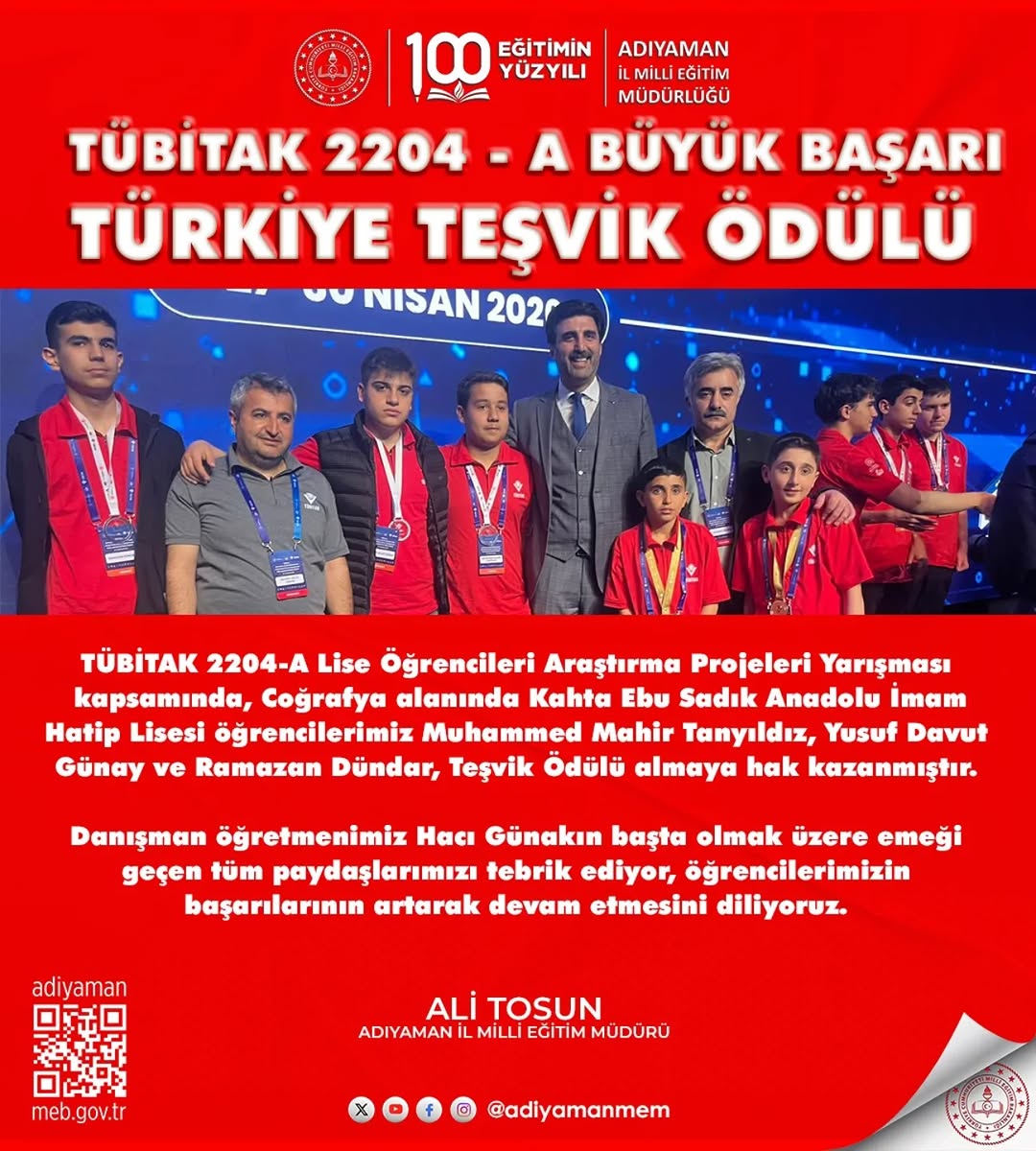 Kahta İlçe Millî Eğitim Müdürlüğü'nden TÜBİTAK 2204-A Lise Öğrencileri Araştırma Projeleri Yarışması Başarısı