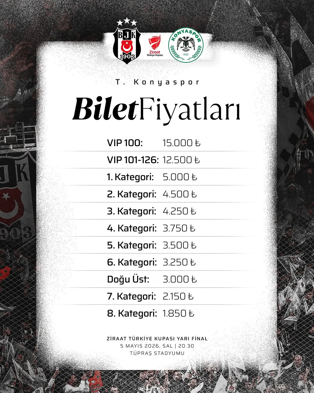 Beşiktaş - Tümosan Konyaspor Maçı Biletleri Hakkında Bilgilendirme
