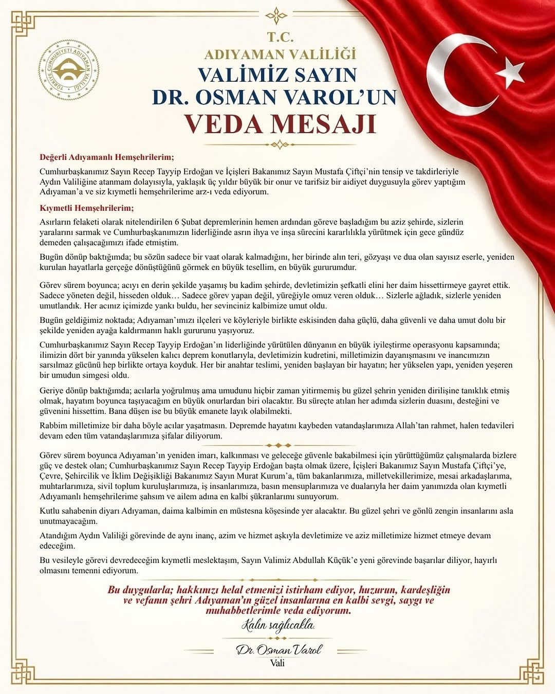 Adıyaman Valiliği'nden Vali Osman Varol'un Veda Mesajı