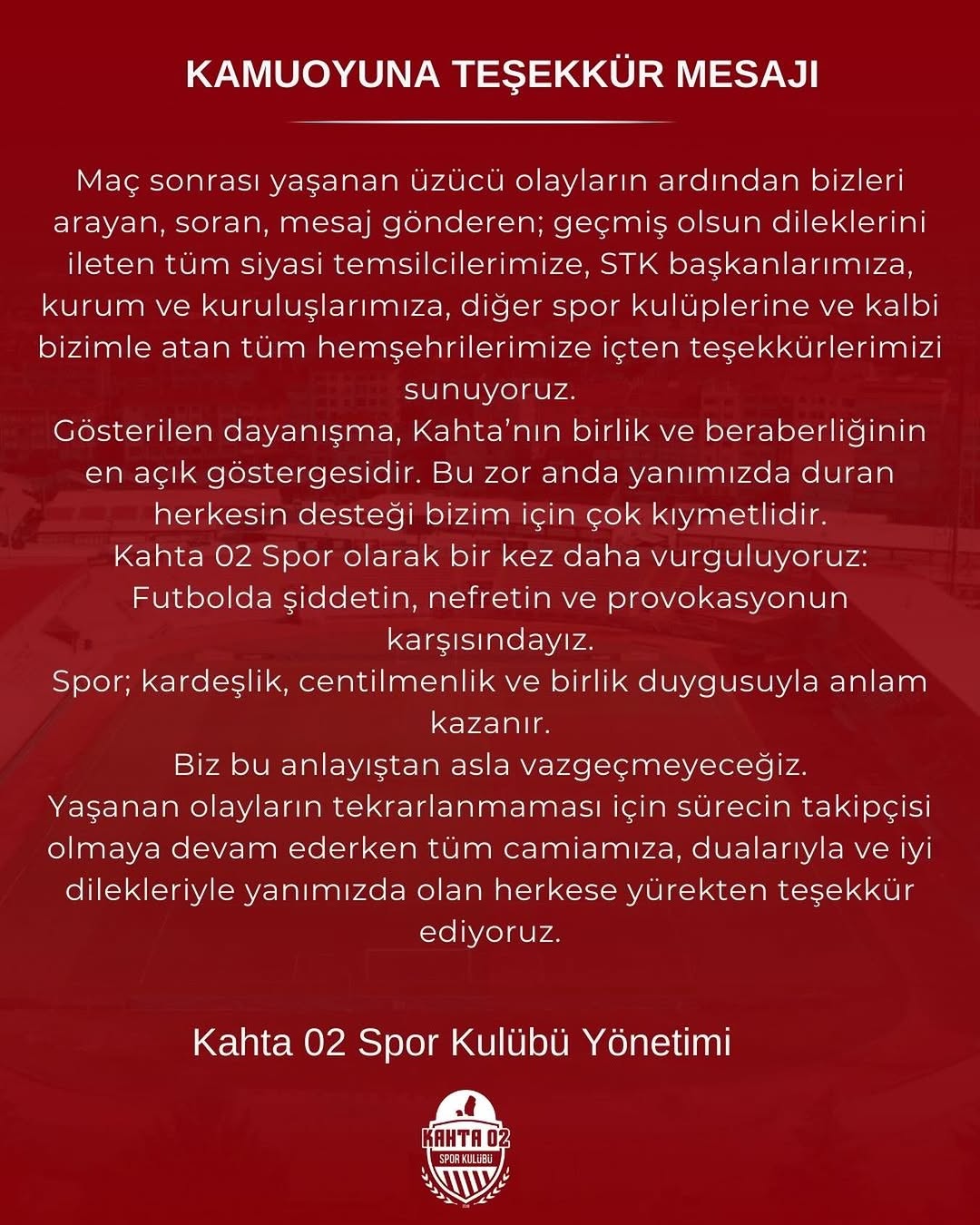 Kahta02 Spor Kulübü'nden Kamuoyuna Teşekkür Mesajı