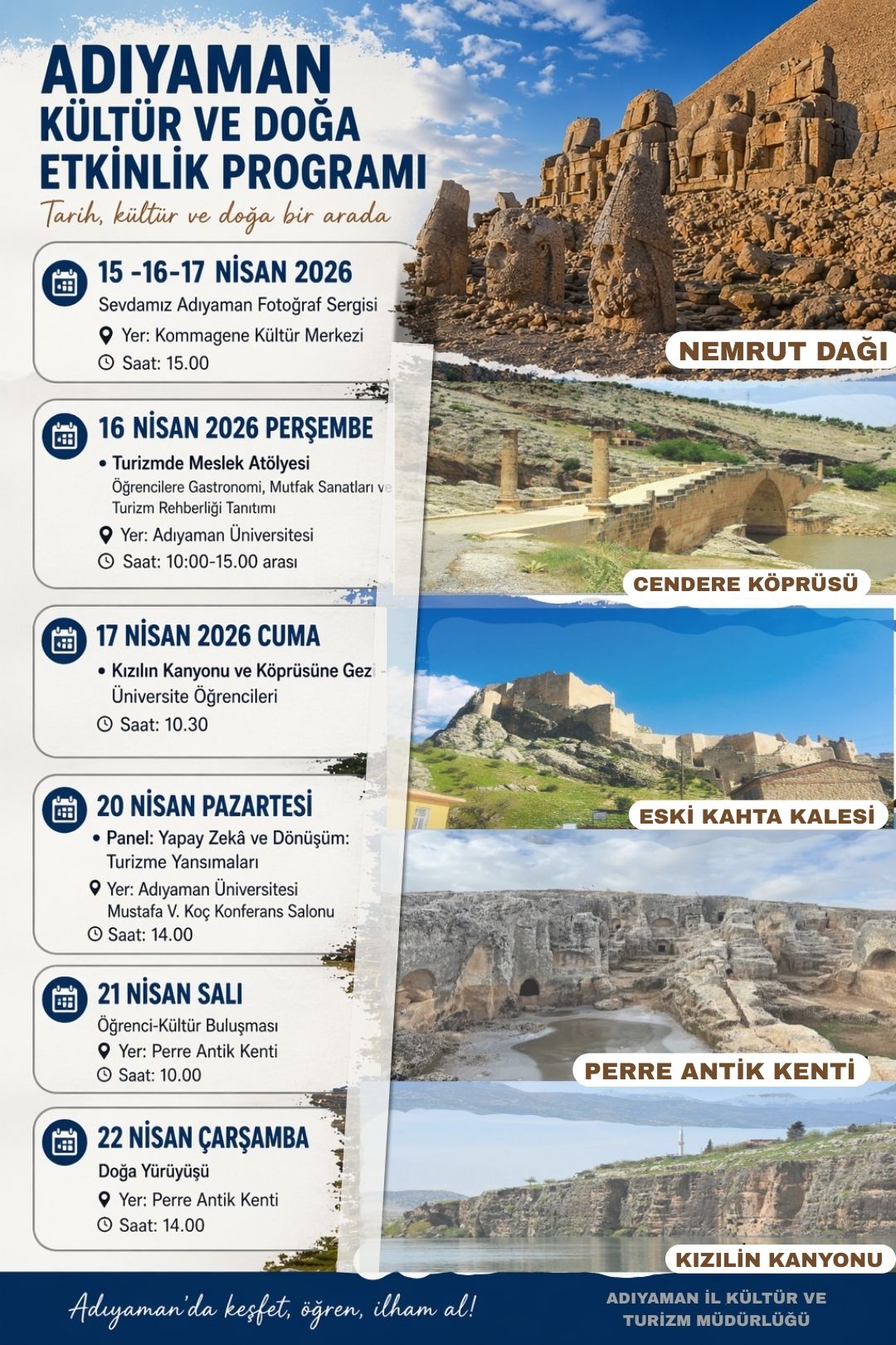 Adıyaman'da 15–22 Nisan Turizm Haftası Kutlama  Programı