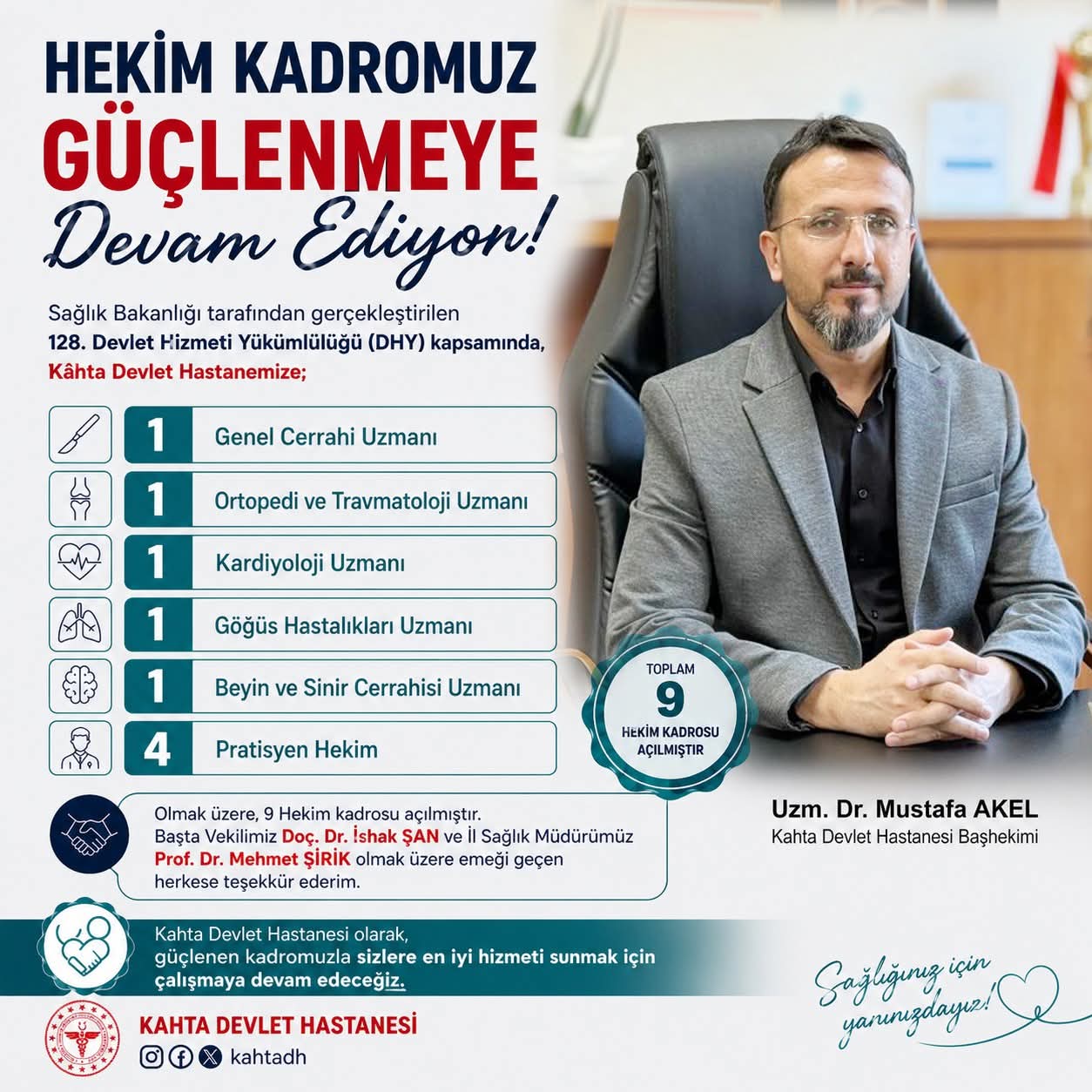 Kahta Devlet Hastanesi Başhekimi Akel'den Adıyaman Milletvekili Doç. Dr. İshak Şan'a Teşekkür